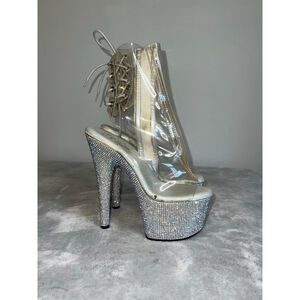 Women's PLEASERS Silver Clear Rhinestone Platform Heels Size 8